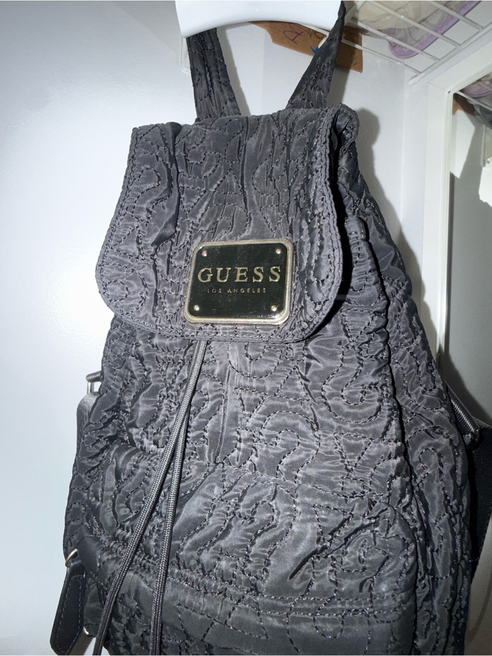 GUESS Black Quilted Drawstring Backpack - Picture 2 of 6